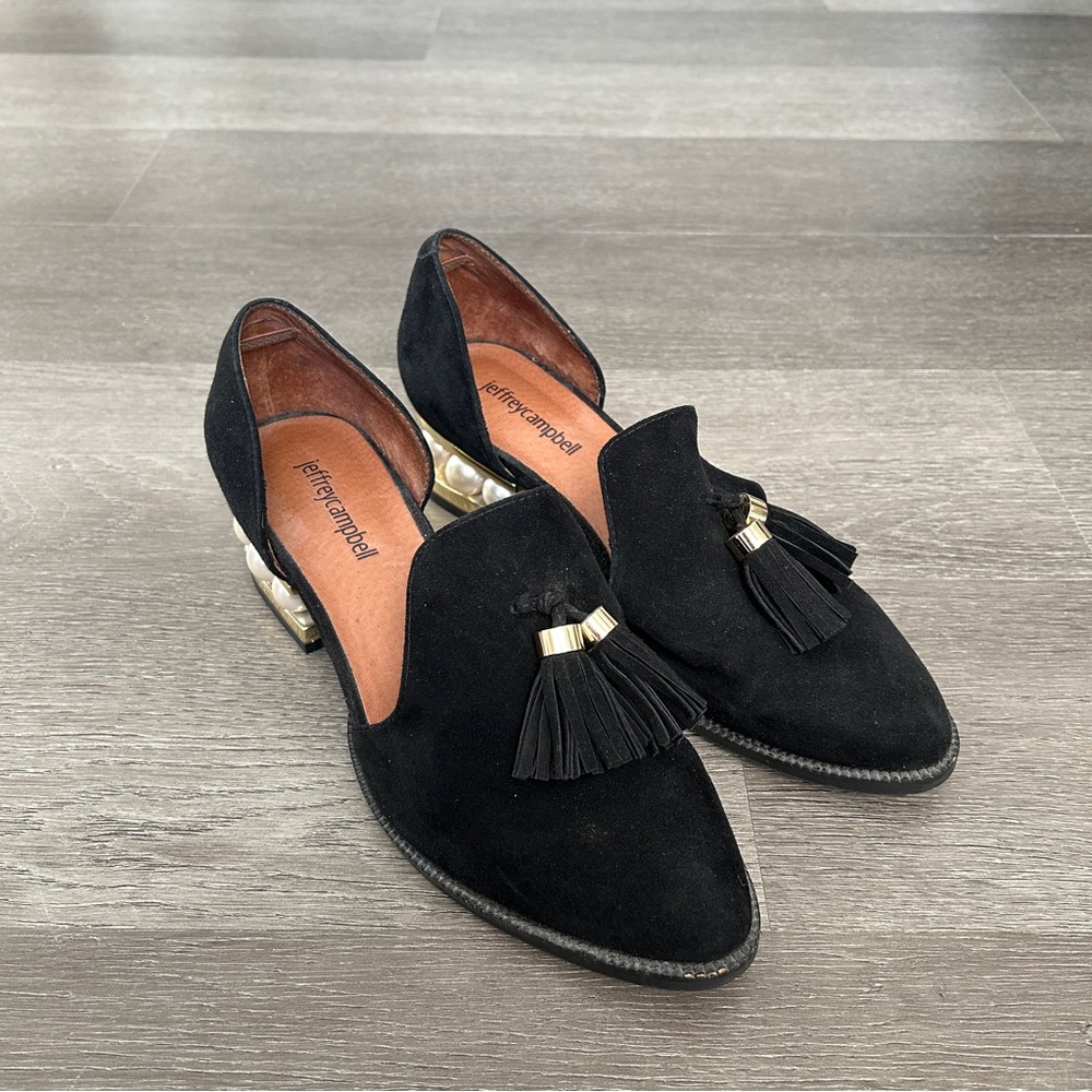 Jeffrey Campbell - CIVIL -  Black Suede  Tassel Loafers  Pearl Heel - SZ 8